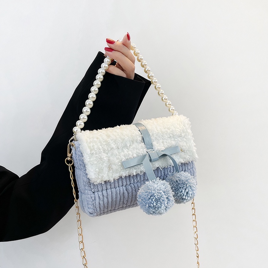 Túi len tự đan, túi đeo chéo pom pom thời trang Hàn Quốc - Bộ phụ kiện đầy đủ LX802
