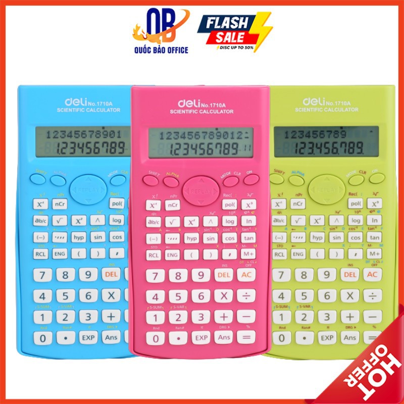 Máy tính kỹ thuật Deli 12 số, 240 chức năng - Xanh lá/ Hồng/ Xanh dương - 1 chiếc 1710A