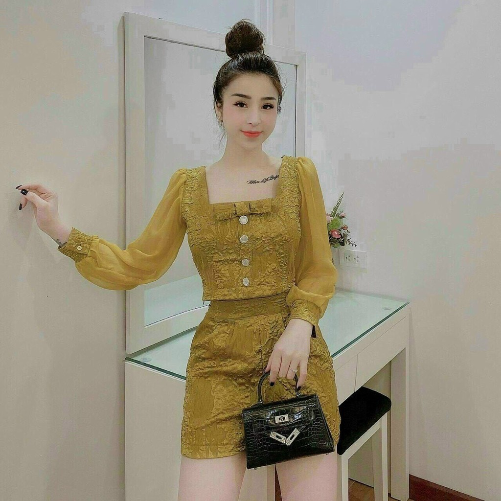 Áo kiểu tay dài kèm quần set bộ nữ ba màu màu vàng màu xanh và màu đen