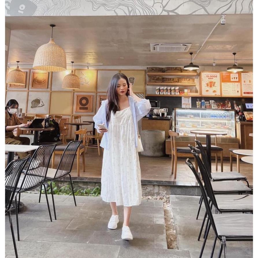 [ 𝐅𝐑𝐄𝐄 𝐒𝐇𝐈𝐏 ]  SÉT VÁY ÁO HOA NHÍ 2 DÂY MIX ÁO SƠ MI XANH BÊN NGOÀI Ạ