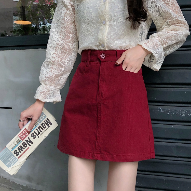 Váy ngắn eo cao Hàn Quốc Váy ngắn Denim chữ A Hàn Quốc