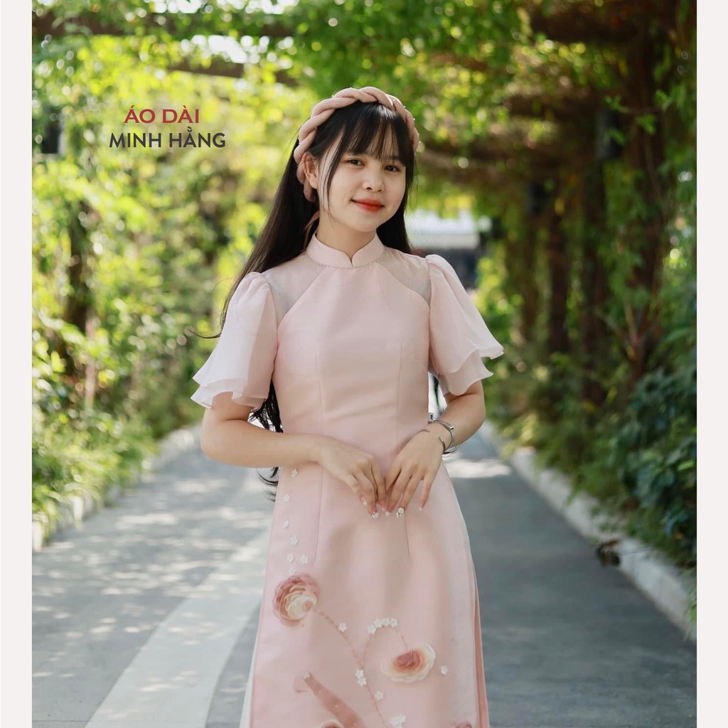 Áo Dài Cách Tân Nữ 4 Tà Tay Bèo Cánh Tiên Đính Hoa, Vải Lụa Tơ Óng Đẹp Nhẹ Nhàng_Áo Dài Minh Hằng
