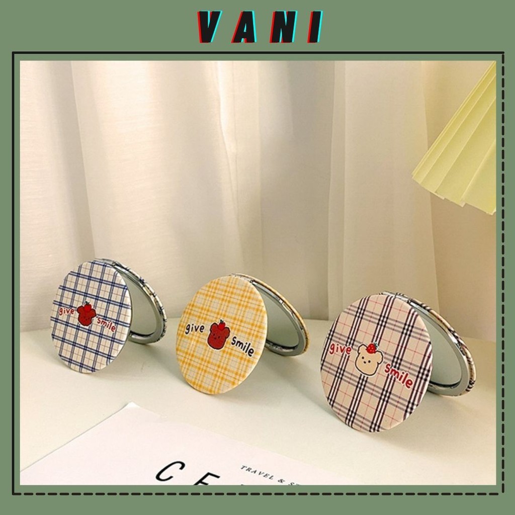 Gương Cầm Tay Mini Gấp Gọn Hình Tròn Mini Sọc Caro Siêu Đáng Yêu - Vani Store [VPP00151]