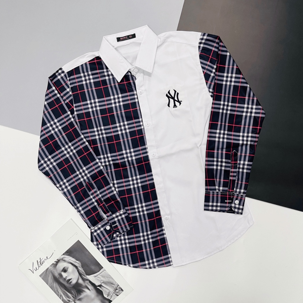 Áo Sơ Mi Nam Tay Dài Logo Thêu Sang Trọng Phối Nửa Sọc Caro Vải Lụa Cao Cấp Mềm Mịn Phong Cách Thời Trang Hot Trend Mới