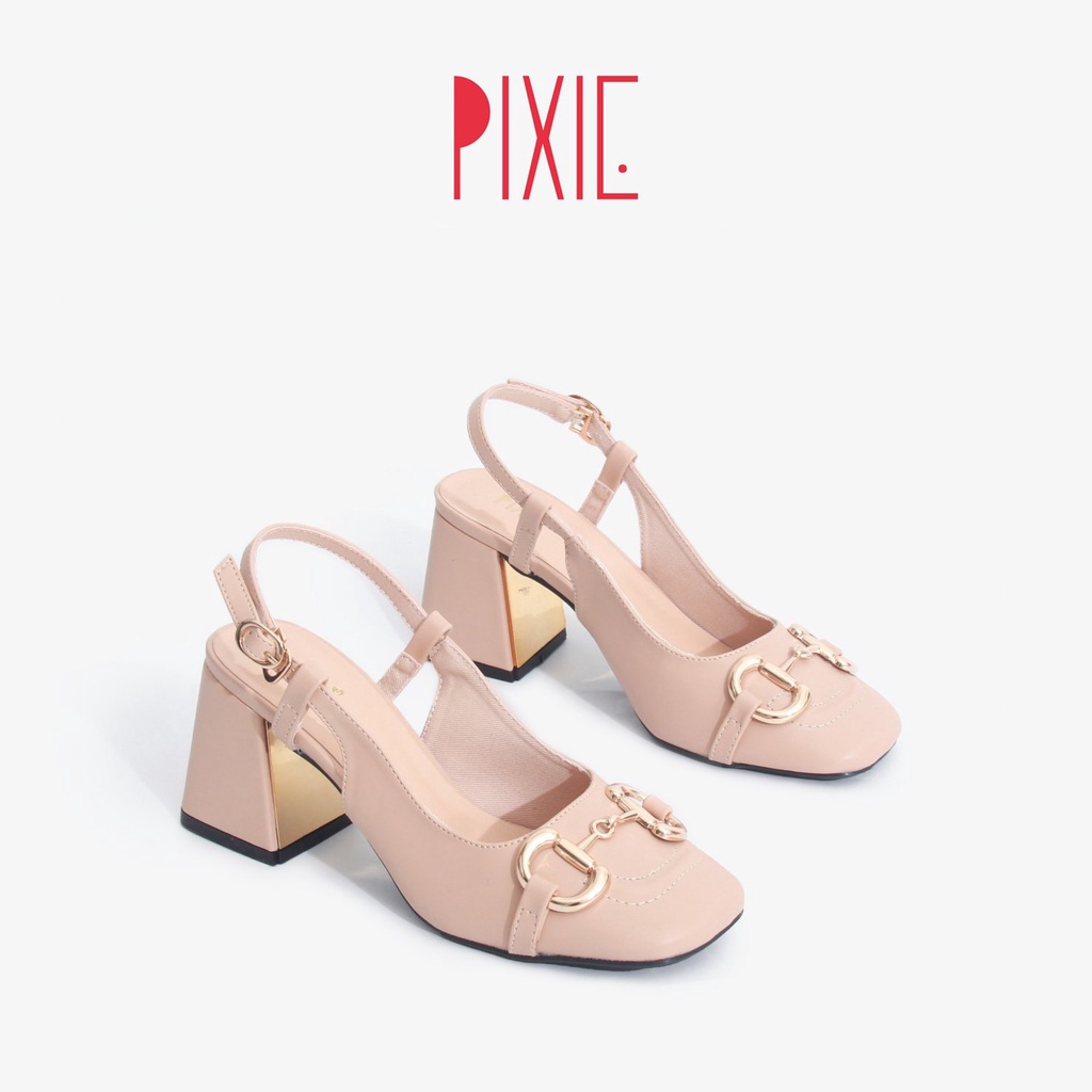 Giày Cao Gót 7cm Mũi Vuông Gắn Khoá Màu Kem Pixie X776