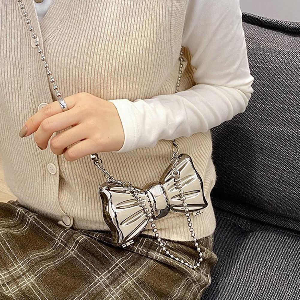 Túi đeo vai mini hình nơ kim loại W2F3 B5E1 màu bạc/vàng I9X6 thời trang cho nữ