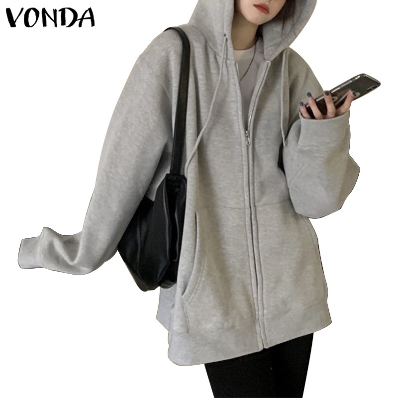 Áo Khoác Hoodie VONDA Dáng Rộng Tay Dài Có Khóa Kéo Phong Cách Hàn Quốc Cho Nữ