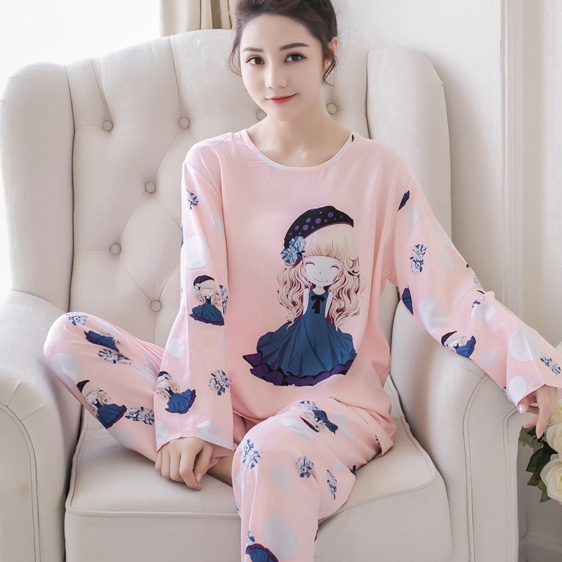 Bộ Đồ Ngủ Tay Dài In Họa Tiết Hoạt Hình Dễ Thương Kiểu Hàn Size M - 2XL Cho Nữ