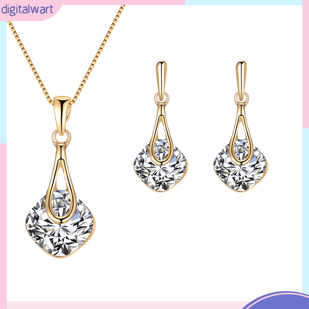 Bộ Vòng cổ + Bông Tai Đính Đá Hình Giọt Nước &amp; Vuông Cho Nữ