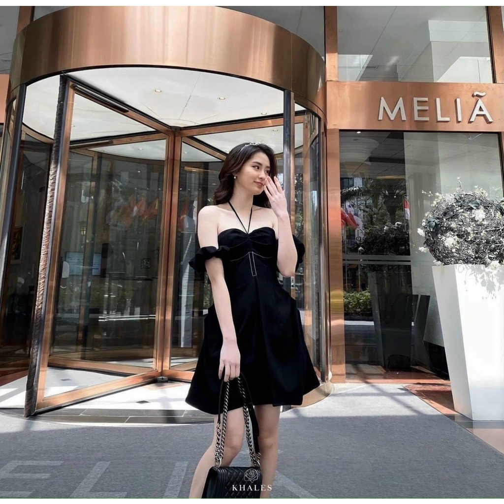 Đầm nữ thời trang mặc đi chơi, Đầm bánh bèo đũi trơn trễ vai thắt dây cổ có mút phong cách Hàn Quốc