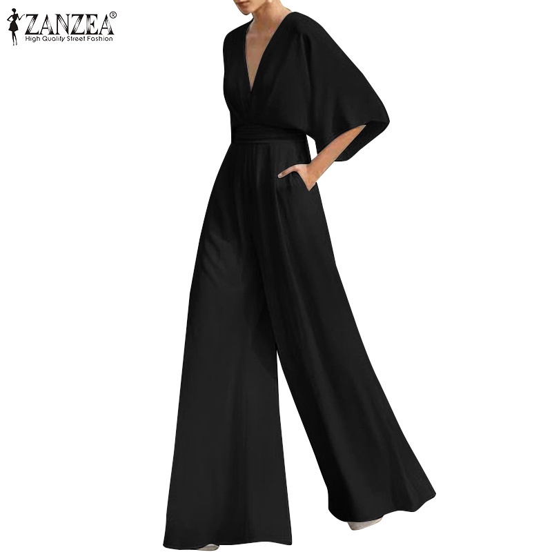 Jumpsuit ZANZEA tay lửng ống rộng cổ chữ V thời trang công sở cho nữ