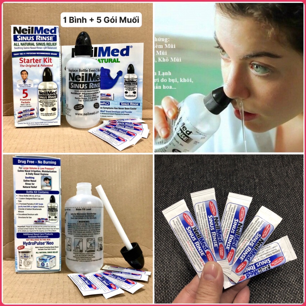 Hộp 5 Gói Muối Sinh Lý + 1 Bình Rửa Mũi Người Lớn Neilmed Sinus Rins Kit Mỹ [Date 12/2024]