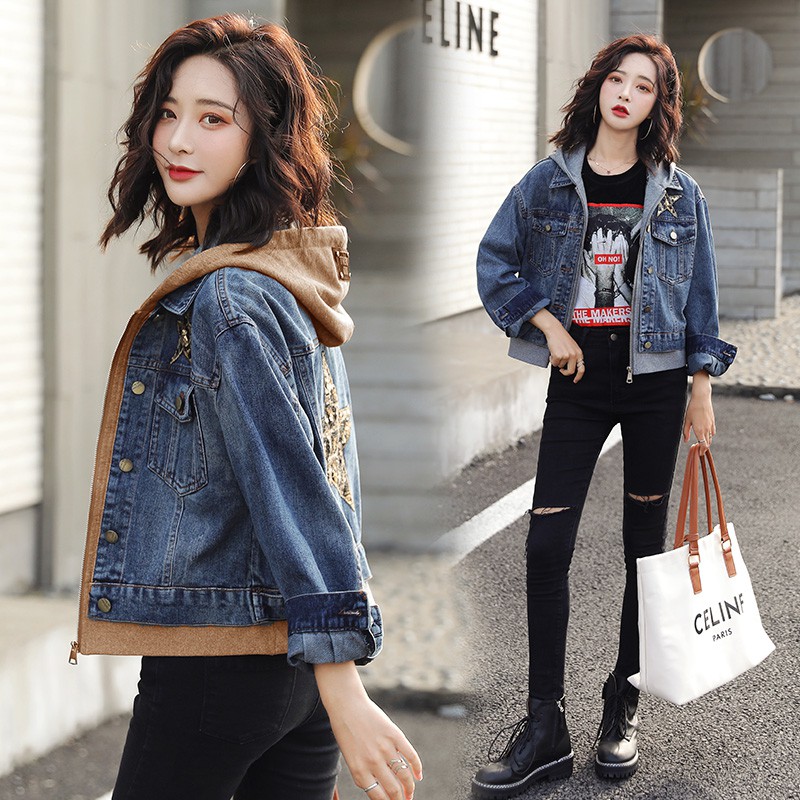 Áo Khoác Denim Nữ Giả 2 Lớp Thêu Hoa Thời Trang