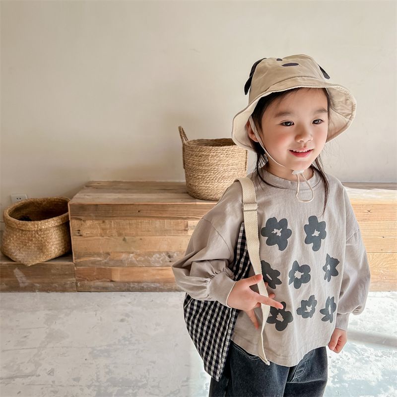 [Hàng Mới Về] Áo Thun Cotton Mỏng Tay Dài Thoải Mái In Chữ Và Hoa Lớn Dễ Thương Phong Cách Hàn Quốc Cho Bé Gái