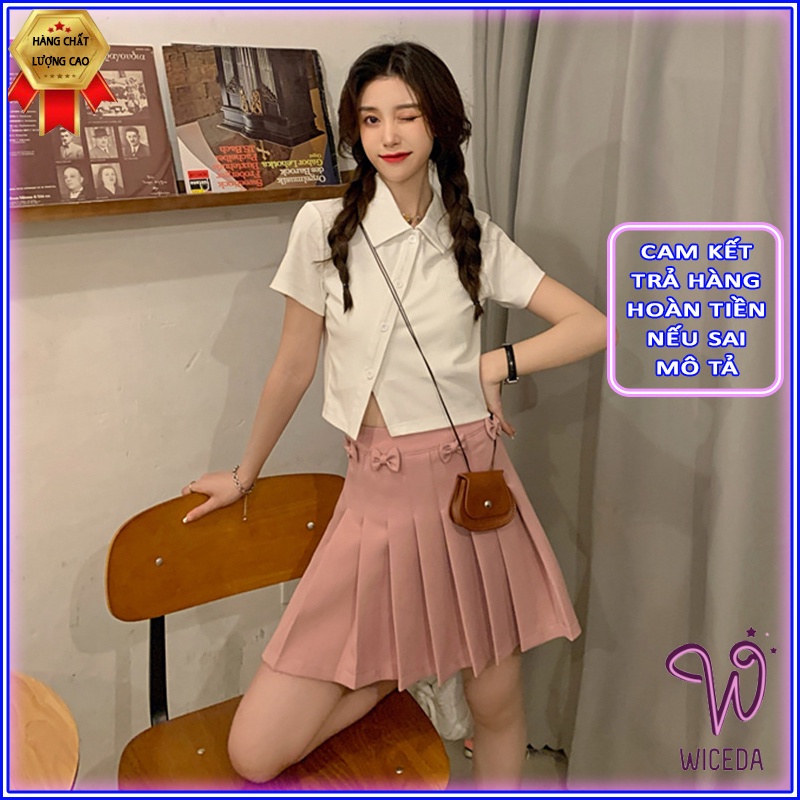 Áo croptop nữ polo tay ngắn vạt chéo có cổ,áo kiểu chất cotton mềm mịn cúc thật 4 màu đen trắng ghi hồng nhạt Wiceda AP4 | BigBuy360 - bigbuy360.vn