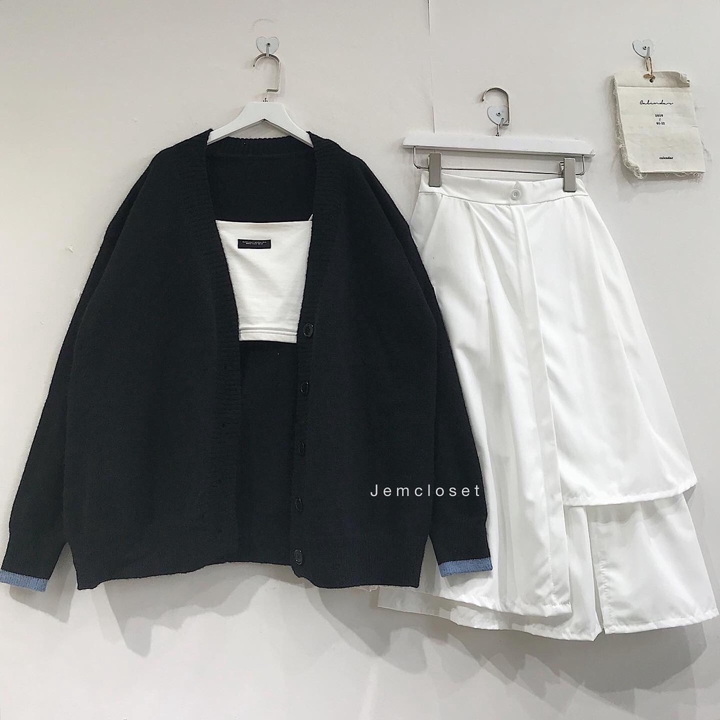 Áo Khoác Len JEM CLOSET Style Thu Đông Áo Khoác Nữ Form Rộng MOJI Cài Cúc 2 Màu Xám Đen Phong Cách Hàn Dễ Thương 1836