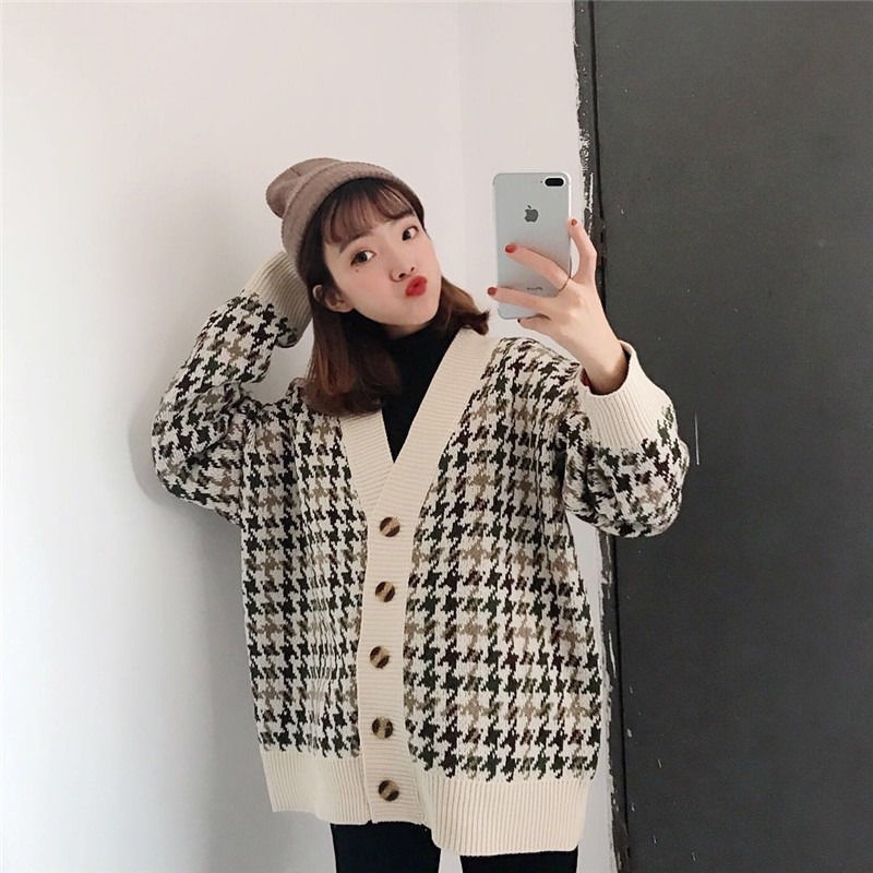 Áo Sweater Tay Dài In Họa Tiết Houndstooth Phong Cách Hàn Quốc 185245 Áo Khoác Dệt Kim Dáng Rộng Phong Cách Retro Thời Trang Mùa Thu