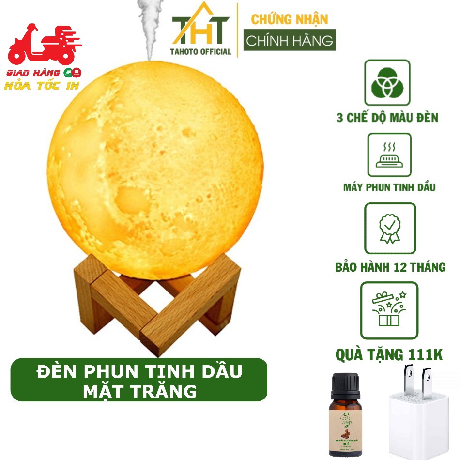 Máy xông tinh dầu TAHOTO phun sương hình mặt trăng khuếch tán hương thơm Tặng tinh dầu + củ sạc