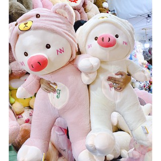 Gấu bông heo Cosplay đội mũ 2 màu hồng trắng kích thước lớn từ 65-70-80-1m1 Buno shop