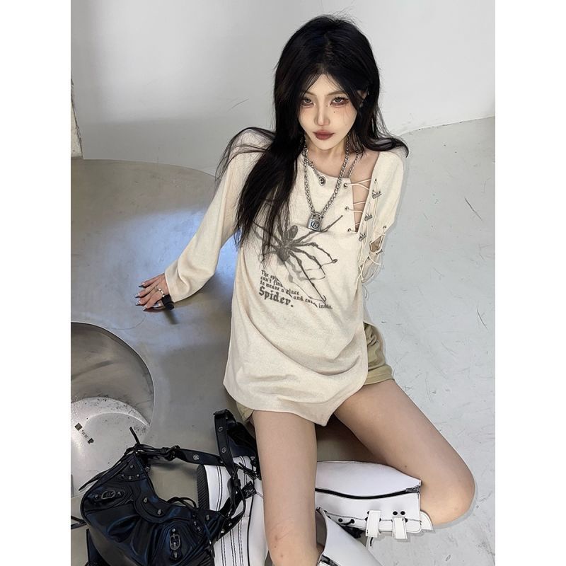 Áo Thun Tay Dài Dáng Rộng In Hình Nhện Phong Cách Đường Phố Mỹ Thời Trang Mùa Xuân Cho Nữ