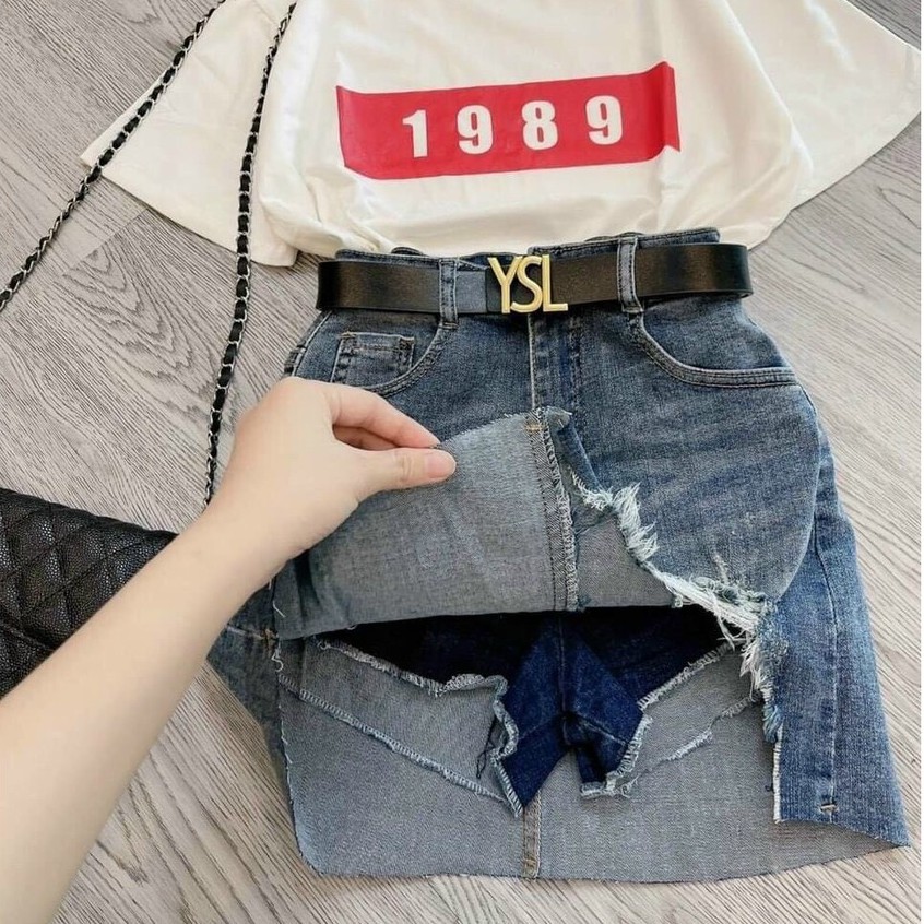Chân váy jean co giãn lưng siêu cao