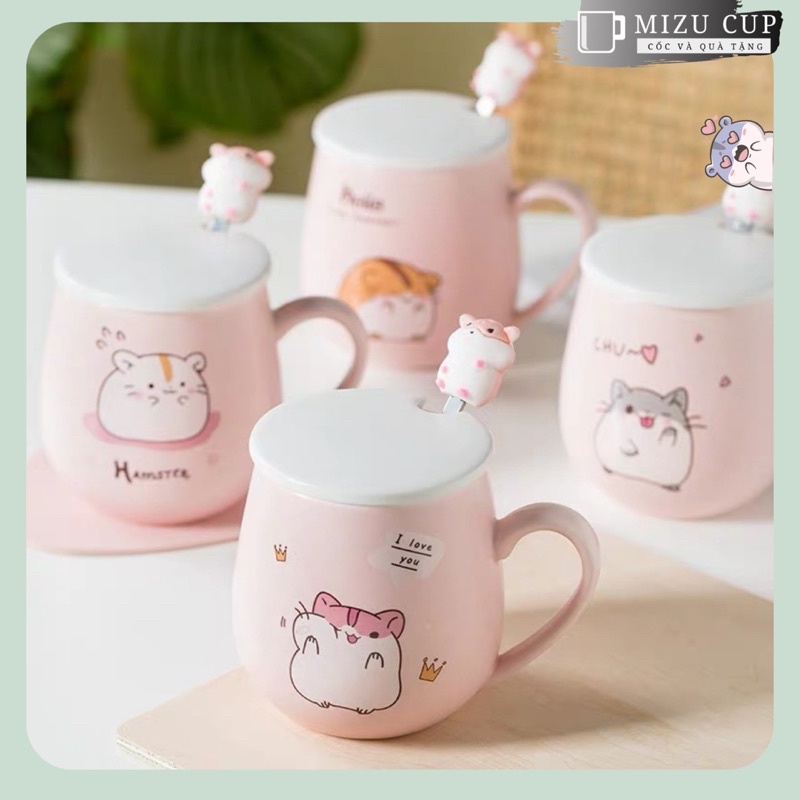 Cốc gốm sứ cao cấp hình chuột hamster dễ thương kèm nắp thìa [05]