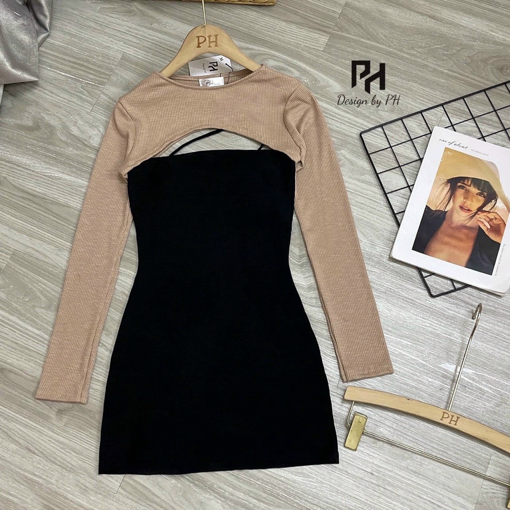 Sét đầm 2 dây trơn body phối áo kiểu tay dài cực xinh , chất thun gân mềm mịn