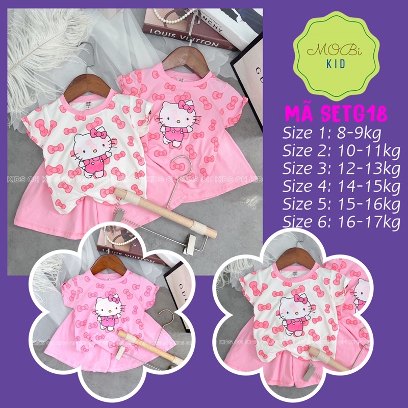 SETG18 Bộ Cotton Bé Gái hình mèo hello kitty cho Bé Từ 8kg Đến 17kg