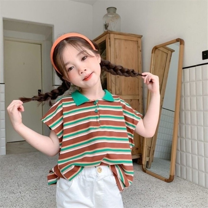 Áo polo Cotton Ngắn Tay Họa Tiết Kẻ Sọc Phong Cách Hàn Quốc Thời Trang Mùa Hè Cho Bé