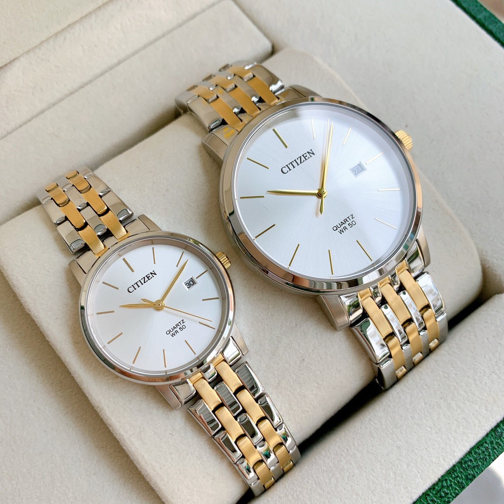 Đồng hồ đôi chính hãng Citizen BI5074-56A & EU6094-53A - Máy Quartz pin - Kính khoáng cường lực