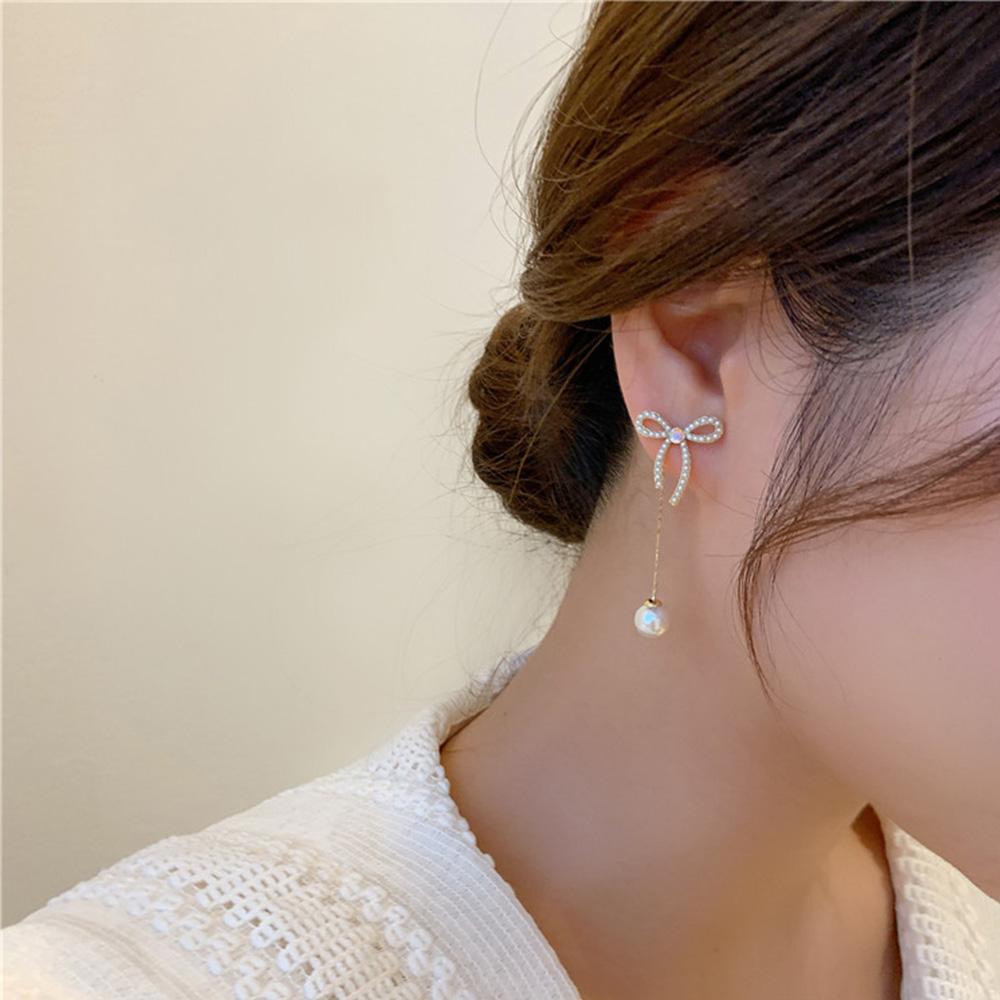 VANES1 Đôi Bông Tai Dáng Rơi Họa Tiết Nơ Thời Trang Cho Nữ