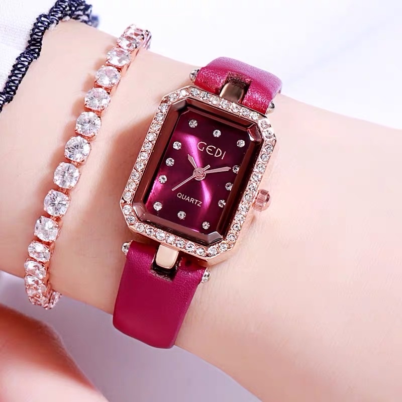 Đồng hồ nữ, GEDI mặt đính đá dây da bền đẹp sành điêu siêu xinh kích thước mặt đồng hồ 28mm