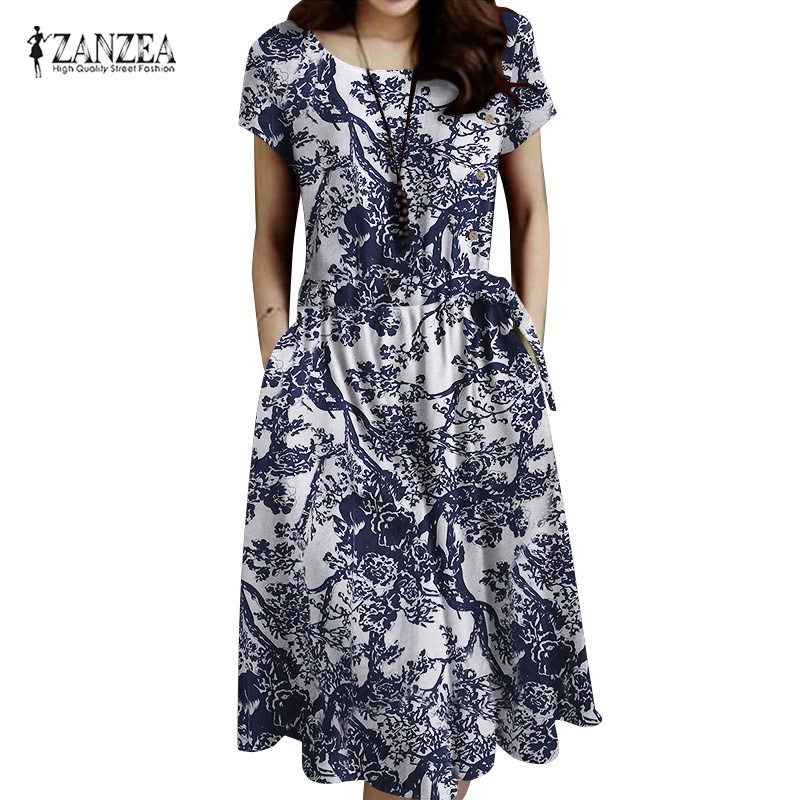 Zanzea Đầm Dây Rút Ngắn Tay In Họa Tiết Phong Cách Cổ Điển Dành Cho Nữ