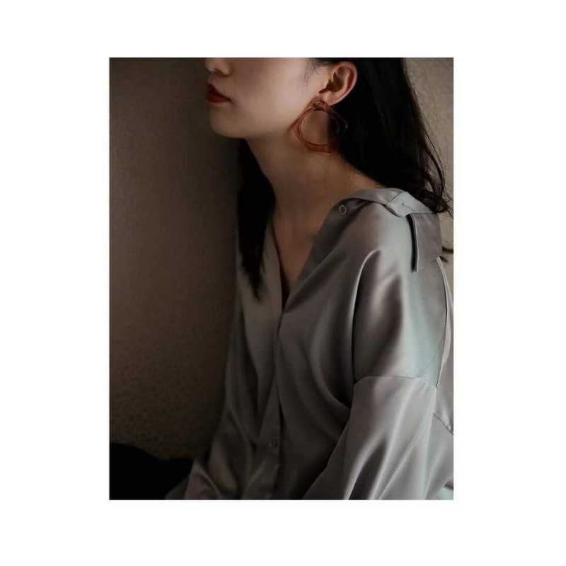 Áo sơ mi TAHARI lụa satin phi bóng tay dài màu trơn xám, xanh navy