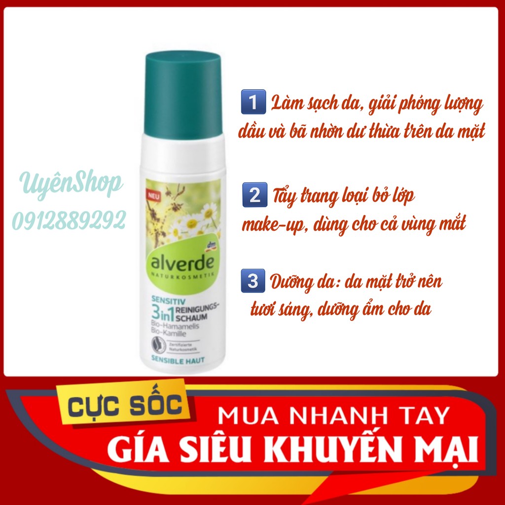 Sữa rửa mặt tạo bọt hữu cơ cho da nhạy cảm Alverde 3 in 1, 150ml