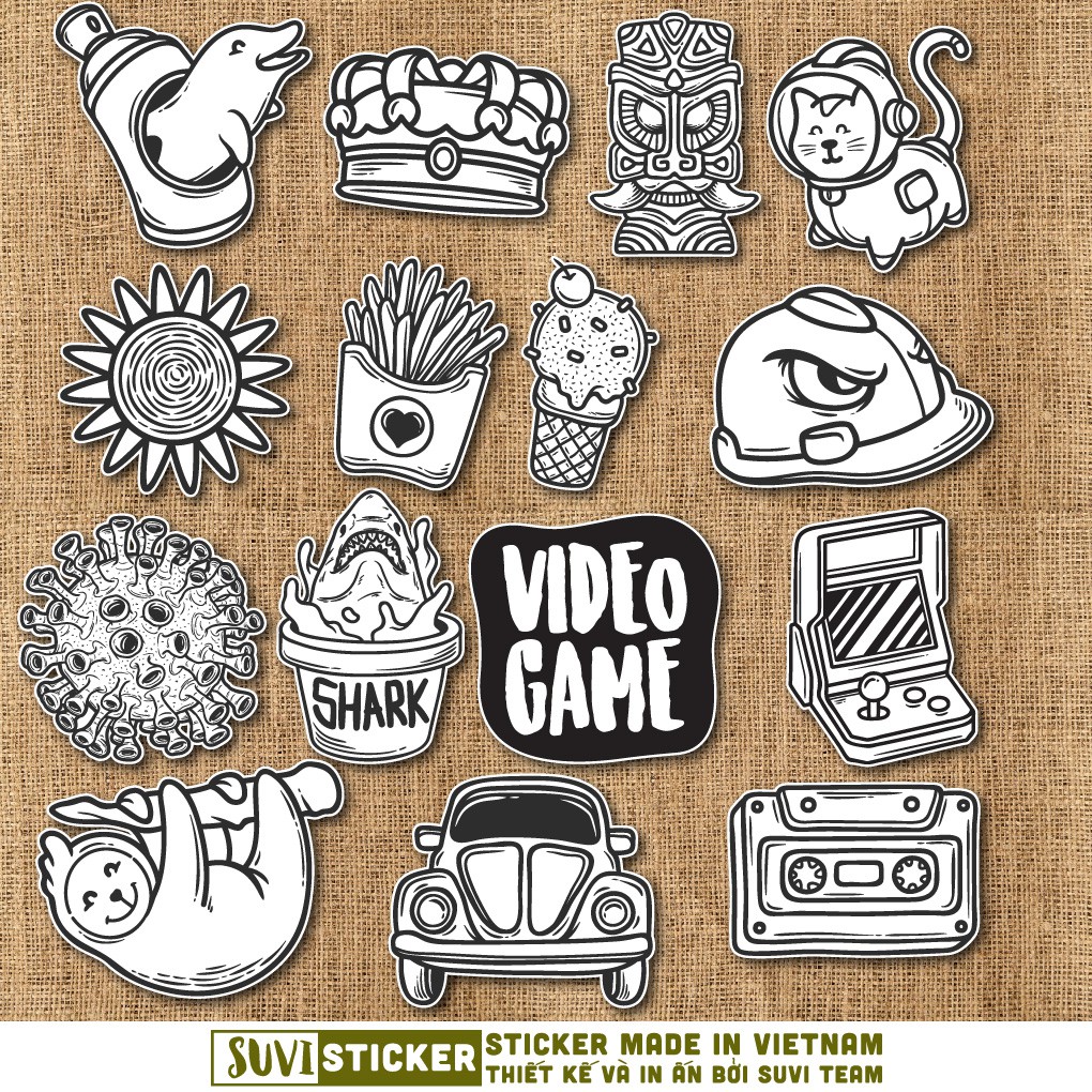 50 Sticker Trắng Đen chống nước sticker dán laptop, điện thoại, đàn guitar, mũ bảo hiểm, vali. MSP: C08