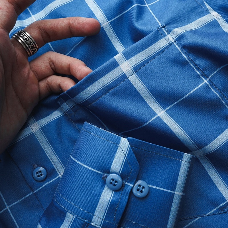 Áo sơ mi nam co giãn mẫu caro dài tay có túi màu xanh Bigsize < 130kg