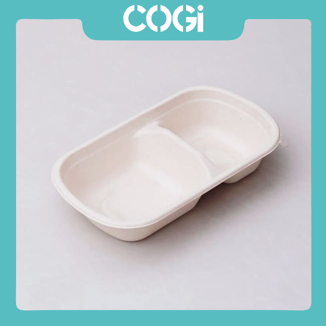 50 hộp bã mía dài 2 ngăn kèm nắp nhựa pet hoặc nắp bã mía 750ml dùng 1 lần chính hãng cogi đựng cơm văn phòng