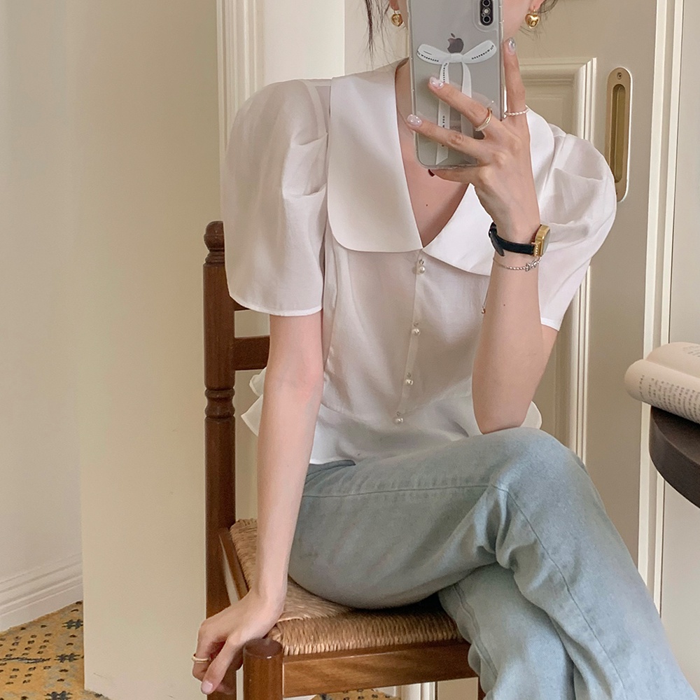 SUXI Áo Sơ Mi Tay Phồng Ngắn Cổ Búp Bê Phối Bèo Kiểu Pháp Dễ Thương