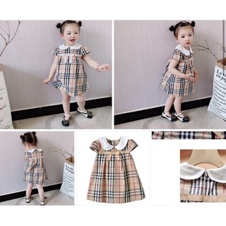 Váy cổ sen cổ nơ kẻ nâu bé gái