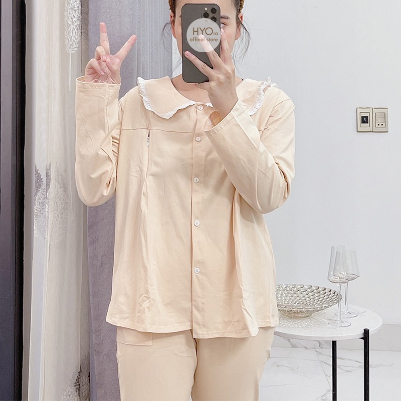 Bộ bầu sau sinh ren cổ mặc nhà Thu Đông có khóa giọt lệ cao cấp