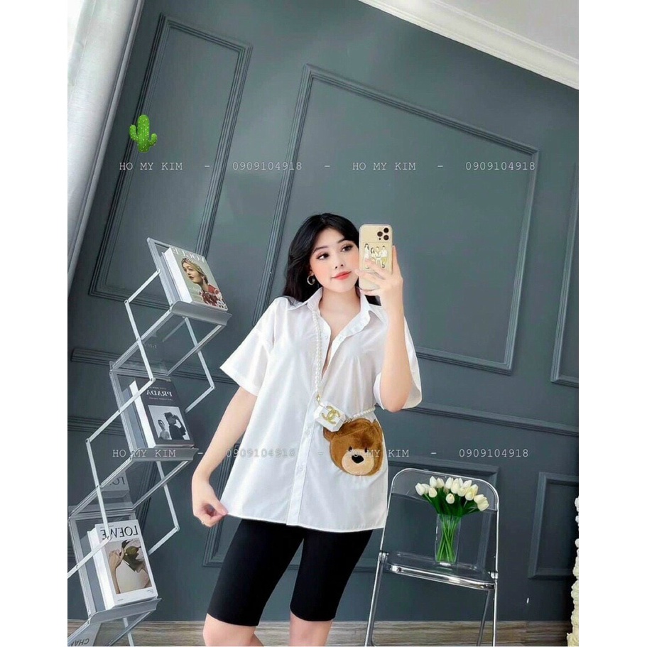 áo sơ mi form rộng tay ngắn thêu lông gấu hình mặt gấu xinh pc