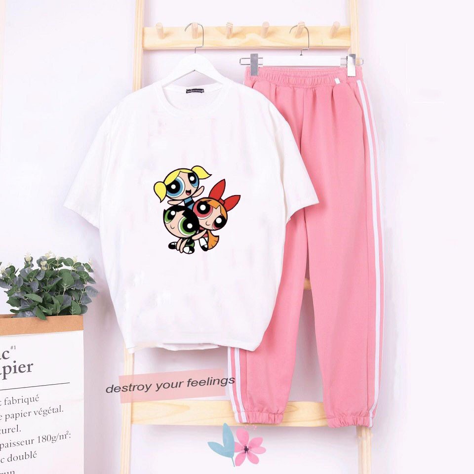 Sét Bộ Đồ Quần Dài Áo Ngắn Tay Nam Nữ Ulzzang Mặc Nhà Siêu Xinh, Áo Phông Cotton Mát Mịn In 3D Hình 3 Cô Gái Siêu Nhân