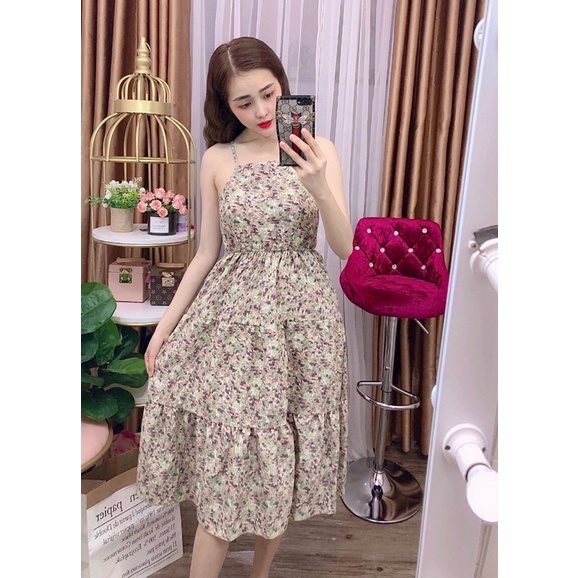 Đầm hoa cổ yếm cột nơ sau lưng có mút kèm hình thật.