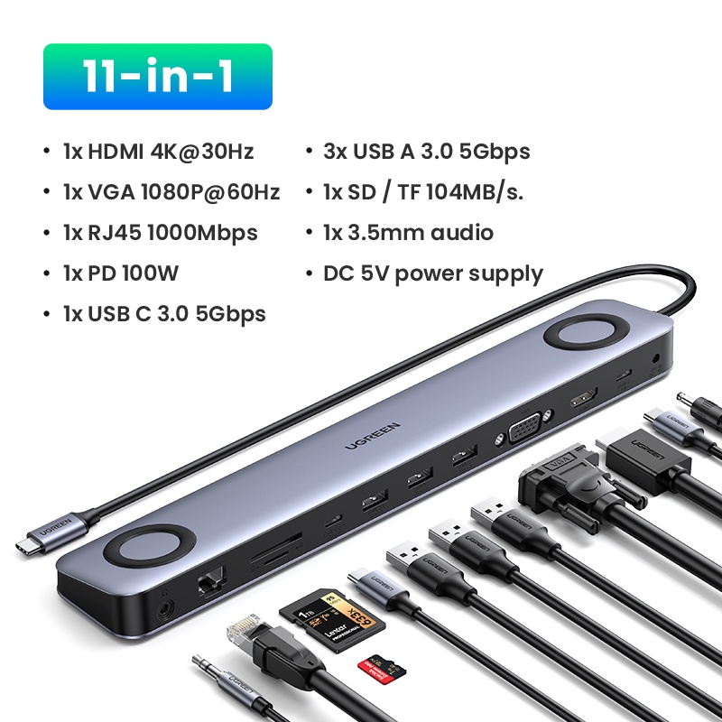 Ugreen Bộ Chia Cổng USB C Sang HDMI 4K VGA RJ45 PD 100W SD TF 3.5 Cho MacBook Pro Air M1