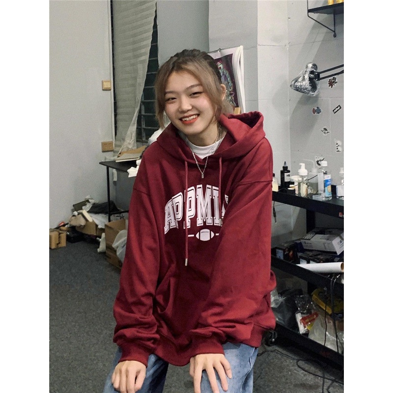 Áo Hoodie Mỏng Dáng Rộng Màu Đỏ Rượu Thời Trang Cho Nữ