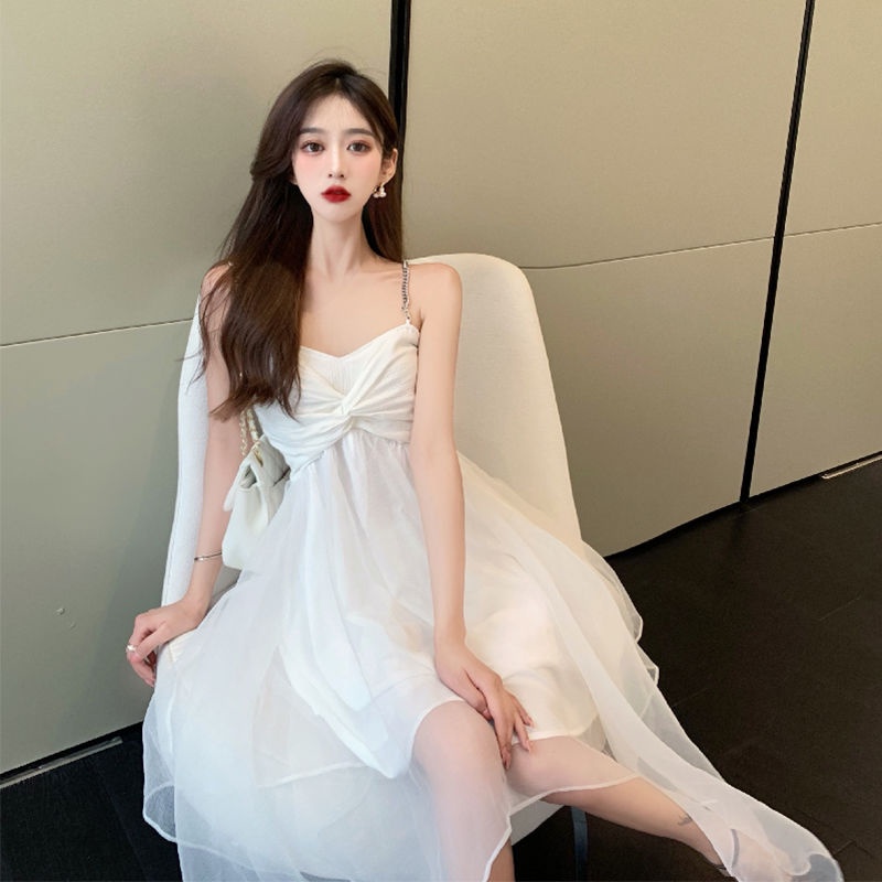 Đầm Hai Dây Màu Trắng Đen Kiểu Pháp Thời Trang Mùa Hè Xinh Xắn Cho Nữ chân váy trắng đầm trắng dự tiệc
