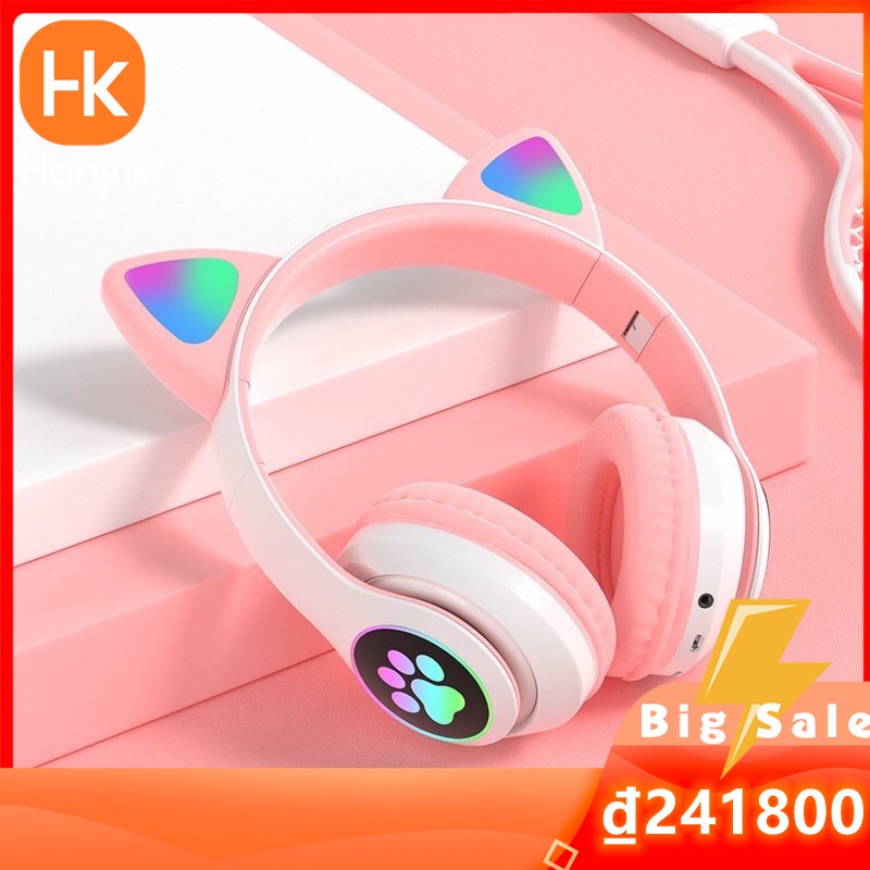 Tai Nghe Mèo bluetooth có mic Headphone Tai Bluetooth 5.0 AKS-28 Có Micro Đàm Thoại, Chơi Game. Headphone Phát Sáng