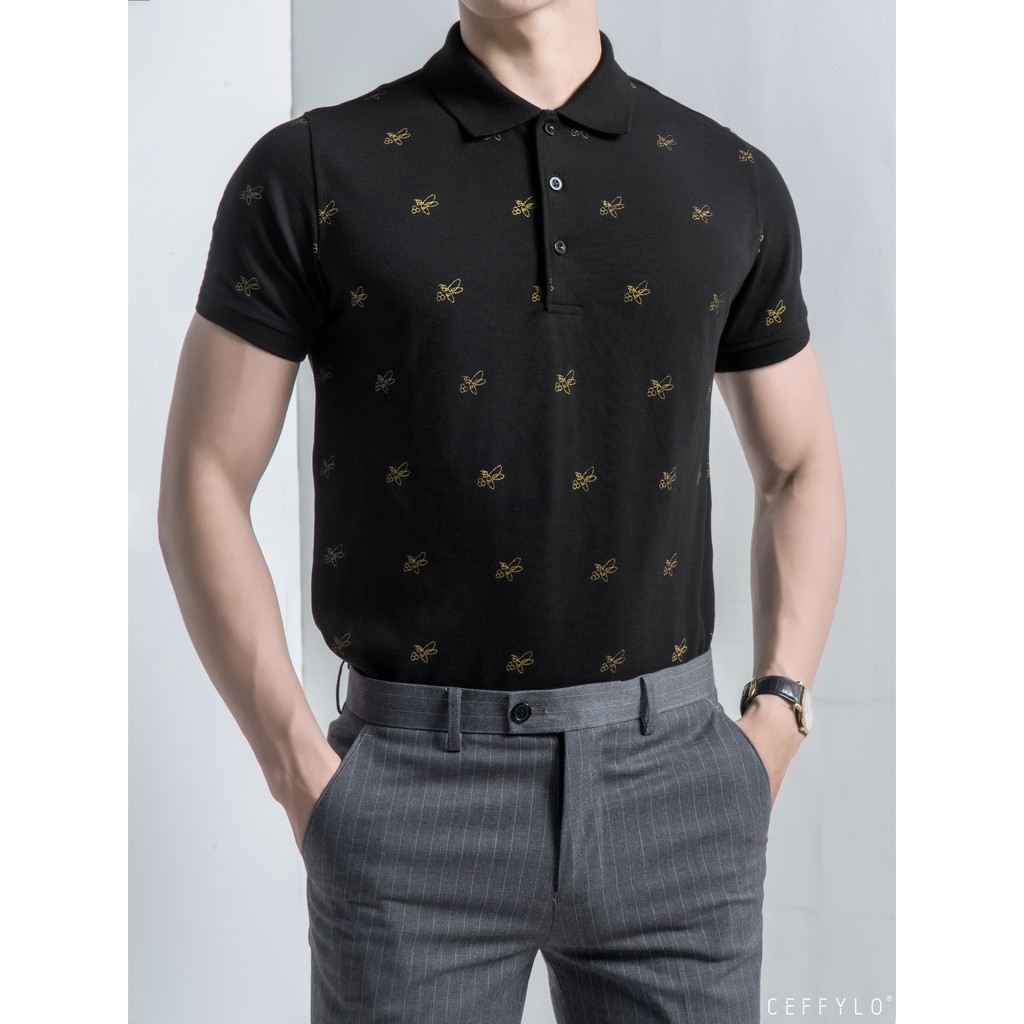 Áo Polo họa tiết ong in tràn Đen Ceffylo, vải Cotton mềm mịn CEFFYLO