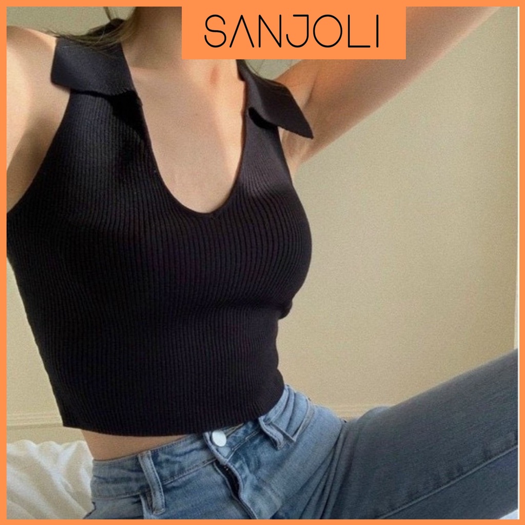Áo Ba Lỗ Croptop SANJOLI Áo Thun Croptop Có Cổ Balo Nữ Kiểu Ôm Body Sát Nách Đẹp Sexy AO044